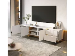 Móvel De Tv* Móvel de TV, Painel de baixo com pernas em blocos de cores em brilhante e preto, com portas e gavetas Branco