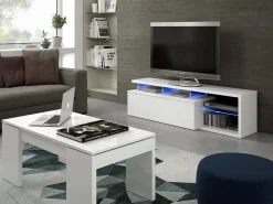 Móvel De Tv|Dmora Móvel de TV Pittsburgh, Buffet de sala, Aparador para televisão de sala com 1 porta, Móvel de TV com luz LED, 150x41h50 cm, brilhante Branco