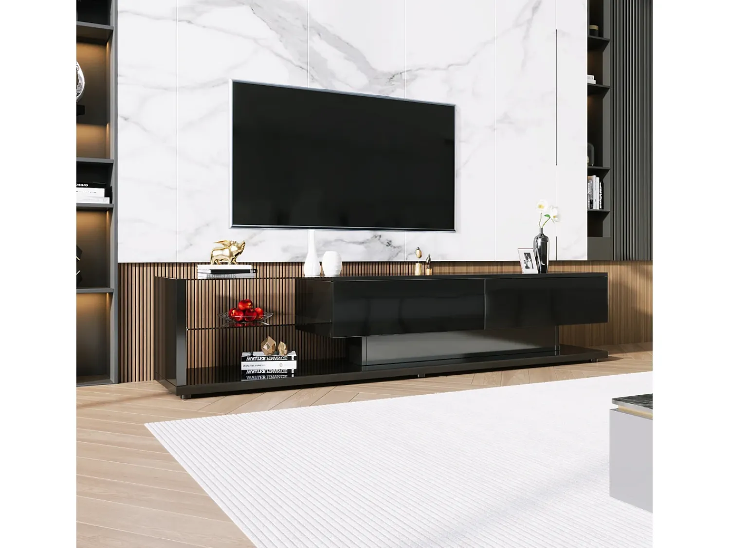 Móvel De Tv* Móvel de TV com gavetas, aparador de TV com iluminação LED e prateleiras de vidro, rack para TV para sala de estar. Preto