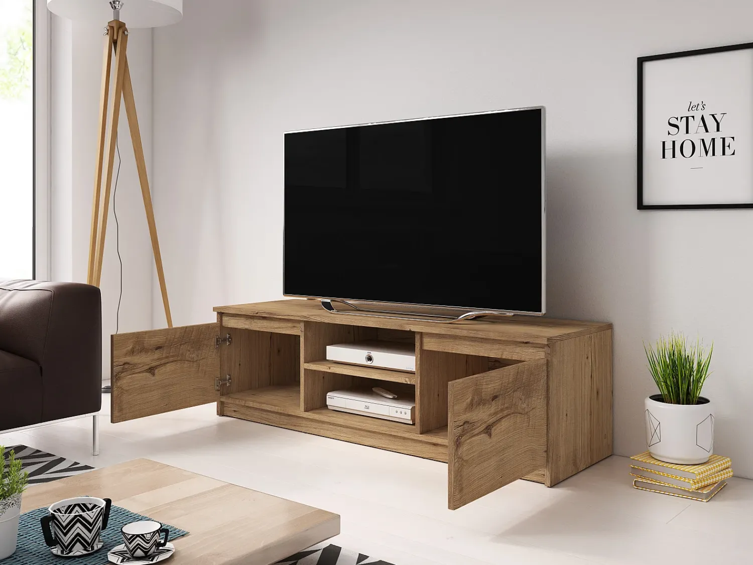 Móvel De Tv| Móvel de TV simples 120 cm com LED, para televisor, 2 armários e prateleiras, castanheiro Natural escuro