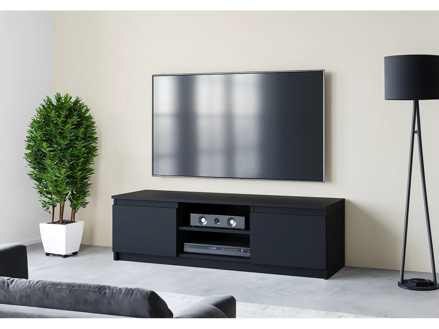 Móvel De Tv| Móvel de TV simples 120 cm com LED, para televisor, 2 armários e prateleiras, fosco Preto
