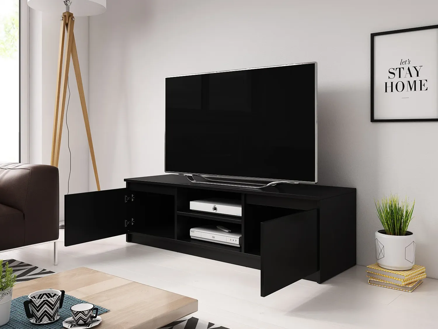 Móvel De Tv| Móvel de TV simples 120 cm com LED, para televisor, 2 armários e prateleiras, fosco Preto