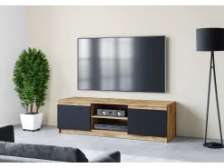 Móvel De Tv* Móvel de TV simples 120 cm, para televisor, 2 armários e prateleiras, estrutura carvalho wotan, frentes preto mate Natural escuro