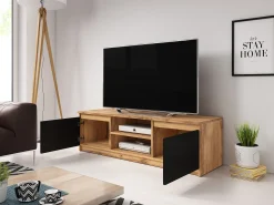 Móvel De Tv* Móvel de TV simples 120 cm, para televisor, 2 armários e prateleiras, estrutura carvalho wotan, frentes preto mate Natural escuro