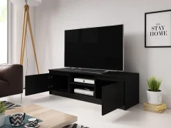 Móvel de TV simples 120 cm, para televisor, 2 armários e prateleiras, estrutura preta, frentes mate^ Móvel De Tv