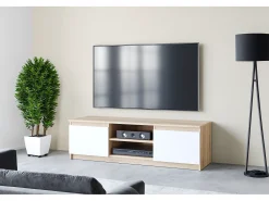 Móvel De Tv* Móvel de TV simples 120 cm, para televisor, 2 armários e prateleiras, estrutura carvalho sonoma, frentes branco mate Natural claro