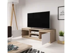Móvel De Tv* Móvel de TV simples 120 cm, para televisor, 2 armários e prateleiras, estrutura carvalho sonoma, frentes branco mate Natural claro