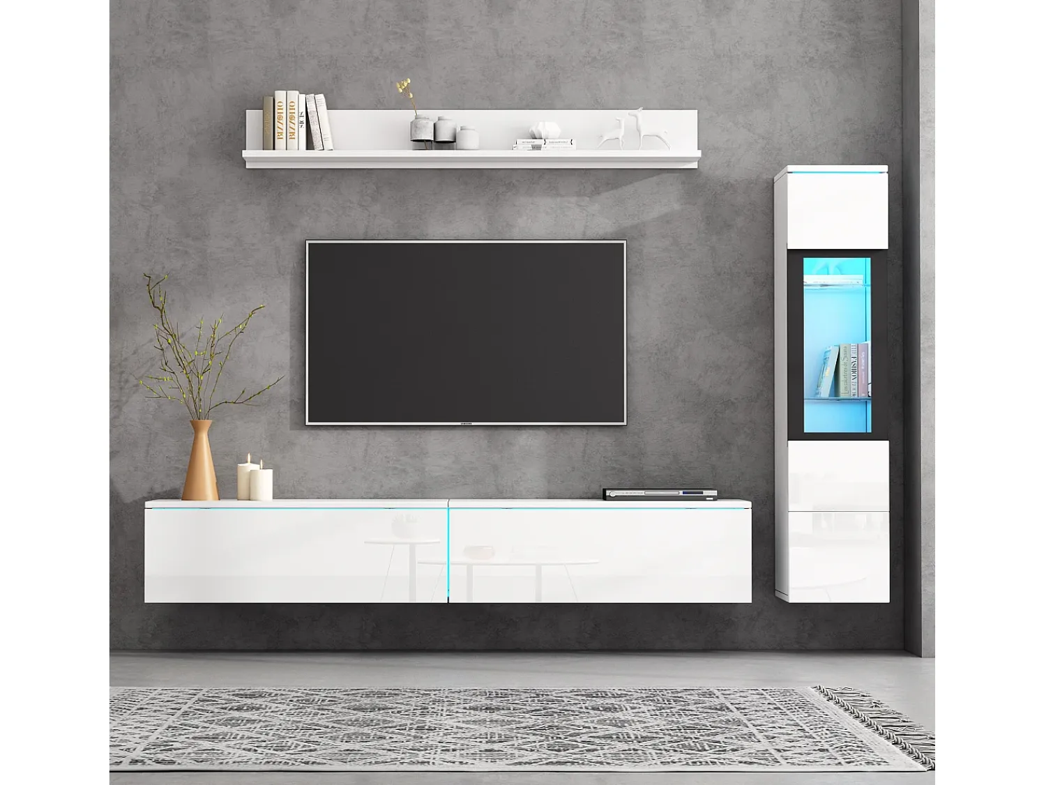 Merax Móvel de TV suspenso + conjunto de vitrine de sala - LEDs - Aglomerado - brilhante^ Móvel De Tv