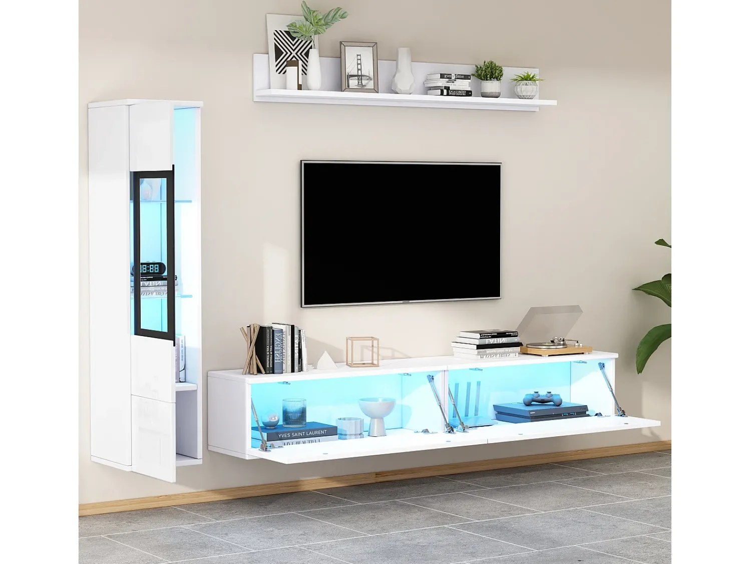 Merax Móvel de TV suspenso + conjunto de vitrine de sala - LEDs - Aglomerado - brilhante^ Móvel De Tv