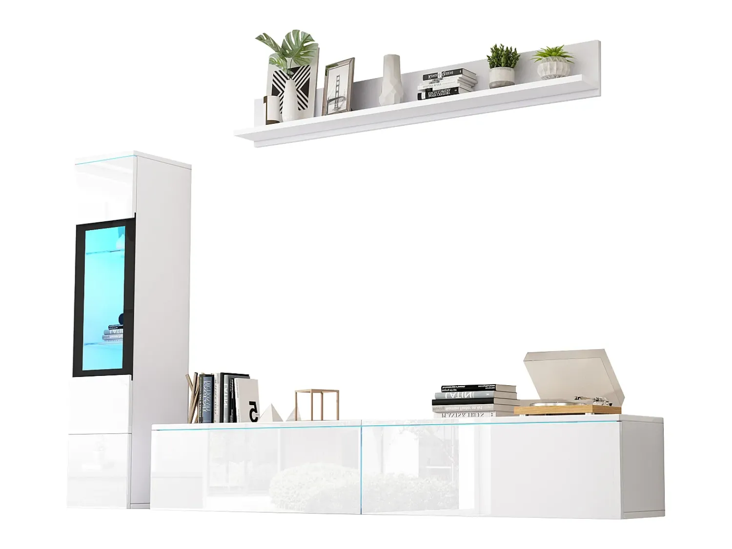 Merax Móvel de TV suspenso + conjunto de vitrine de sala - LEDs - Aglomerado - brilhante^ Móvel De Tv