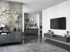 Móvel de TV suspenso com 1 porta e nicho, gaveta – corpo Grafite mate, frentes Grafite mate – 120 cm Cinzento