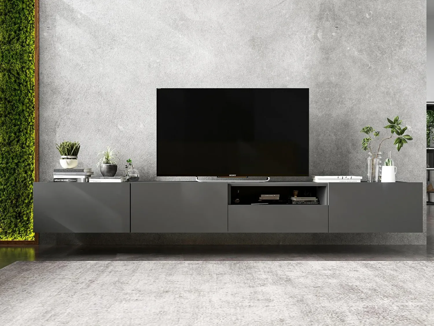 Móvel de TV suspenso com 1 porta e nicho, gaveta – corpo Grafite mate, frentes Grafite mate – 120 cm Cinzento