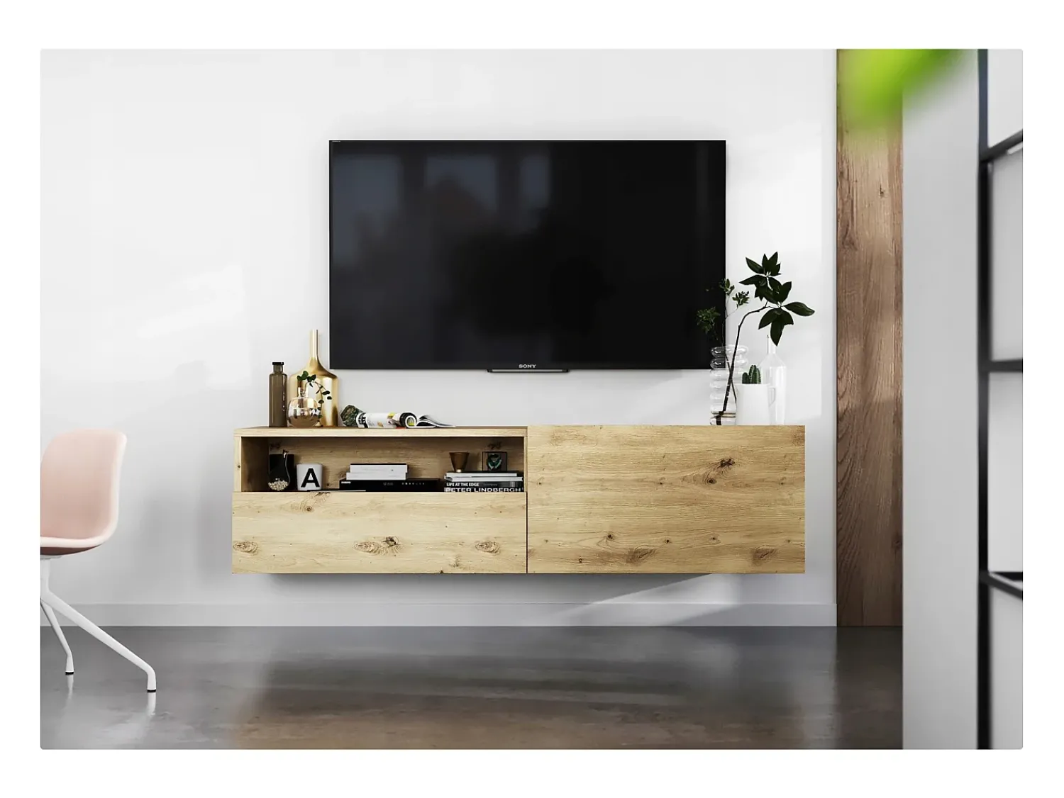 Hot Móvel de TV suspenso com 1 porta, nicho e gaveta – Corpo Carvalho artisan mate, frentes Carvalho artisan mate – 120 cm Castanho