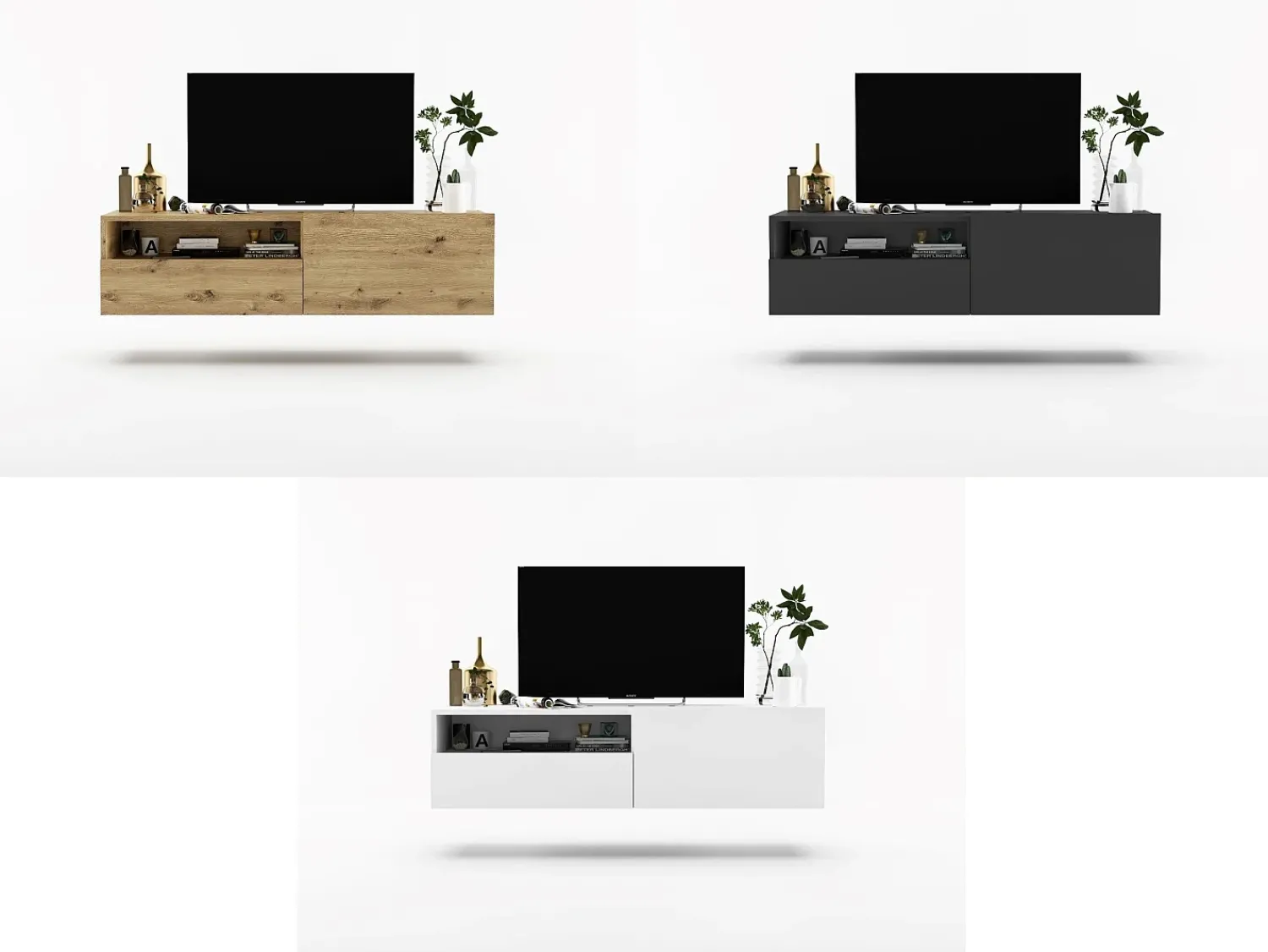 Hot Móvel de TV suspenso com 1 porta, nicho e gaveta – Corpo Carvalho artisan mate, frentes Carvalho artisan mate – 120 cm Castanho