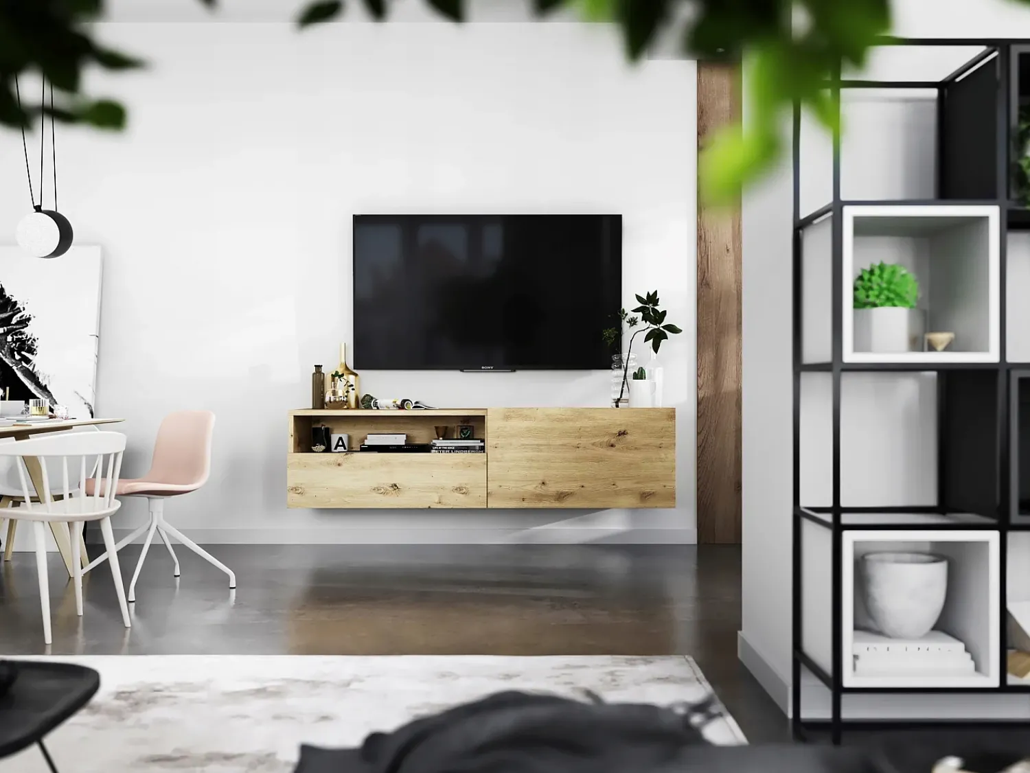 Hot Móvel de TV suspenso com 1 porta, nicho e gaveta – Corpo Carvalho artisan mate, frentes Carvalho artisan mate – 120 cm Castanho