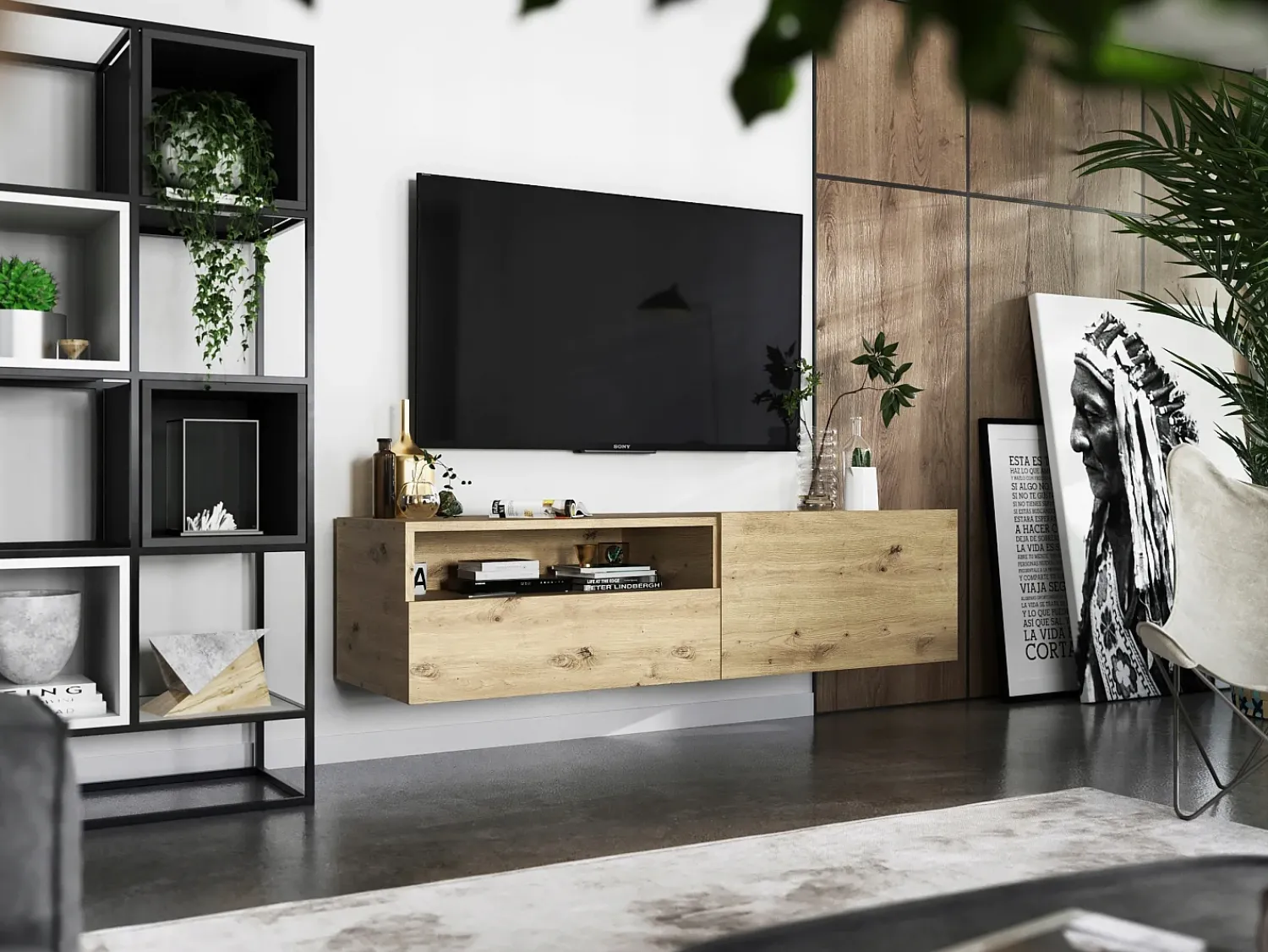 Hot Móvel de TV suspenso com 1 porta, nicho e gaveta – Corpo Carvalho artisan mate, frentes Carvalho artisan mate – 120 cm Castanho