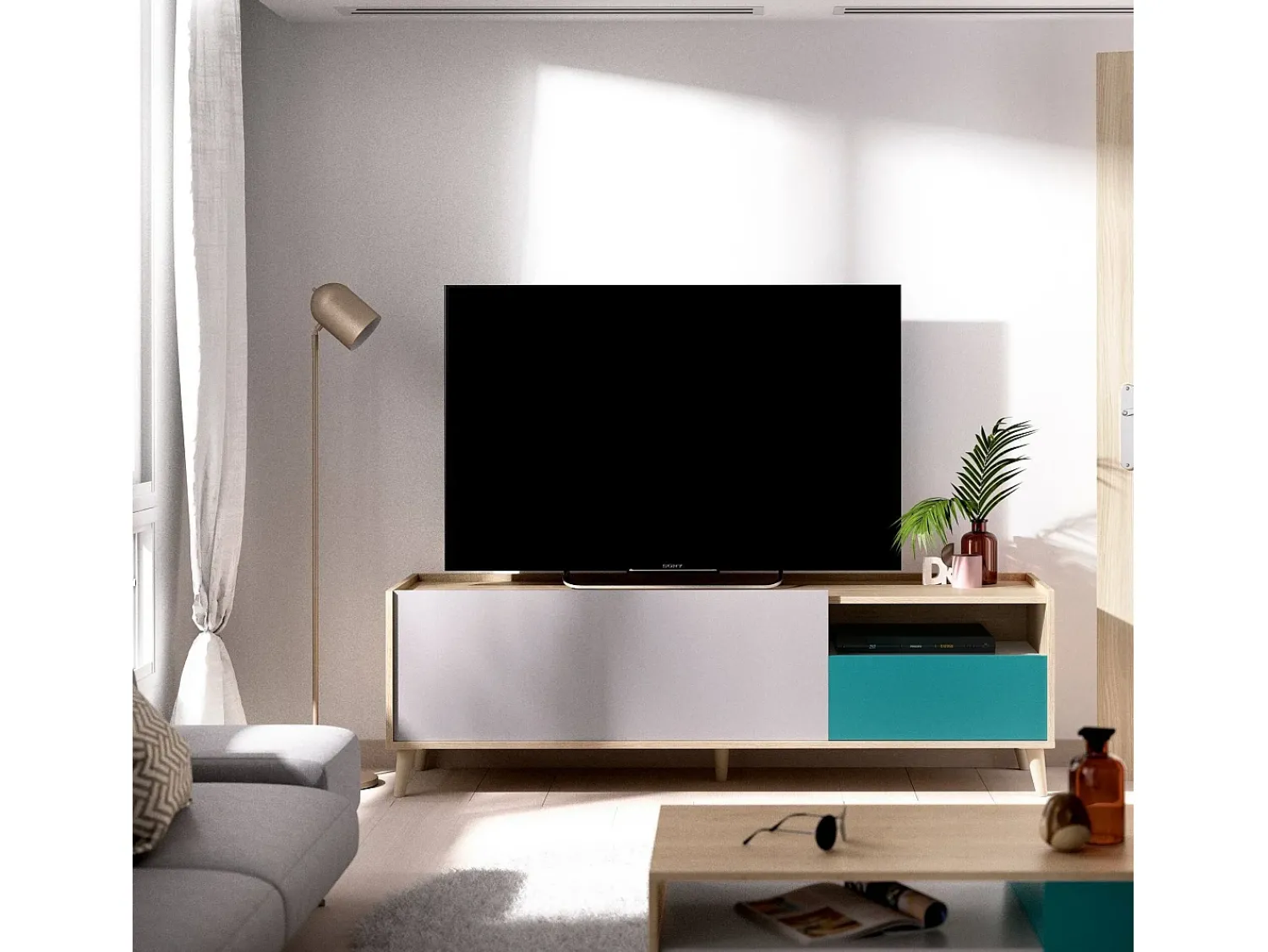 Móvel De Tv|Dmora Móvel de TV Tamaro, Aparador baixo da sala, Aparador da sala para televisão, 155x43h47 cm, Carvalho e Branco Castanho