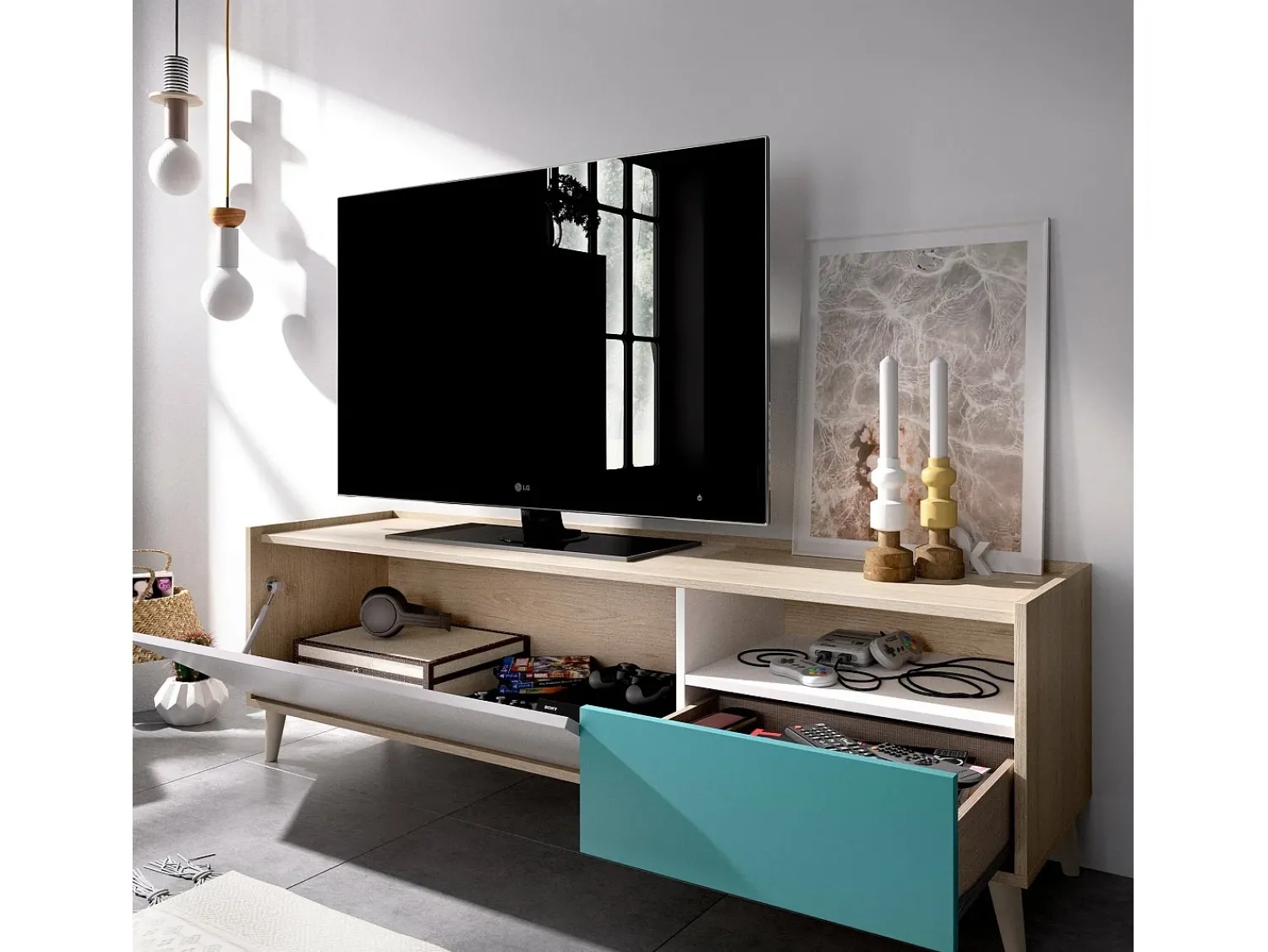 Móvel De Tv|Dmora Móvel de TV Tamaro, Aparador baixo da sala, Aparador da sala para televisão, 155x43h47 cm, Carvalho e Branco Castanho