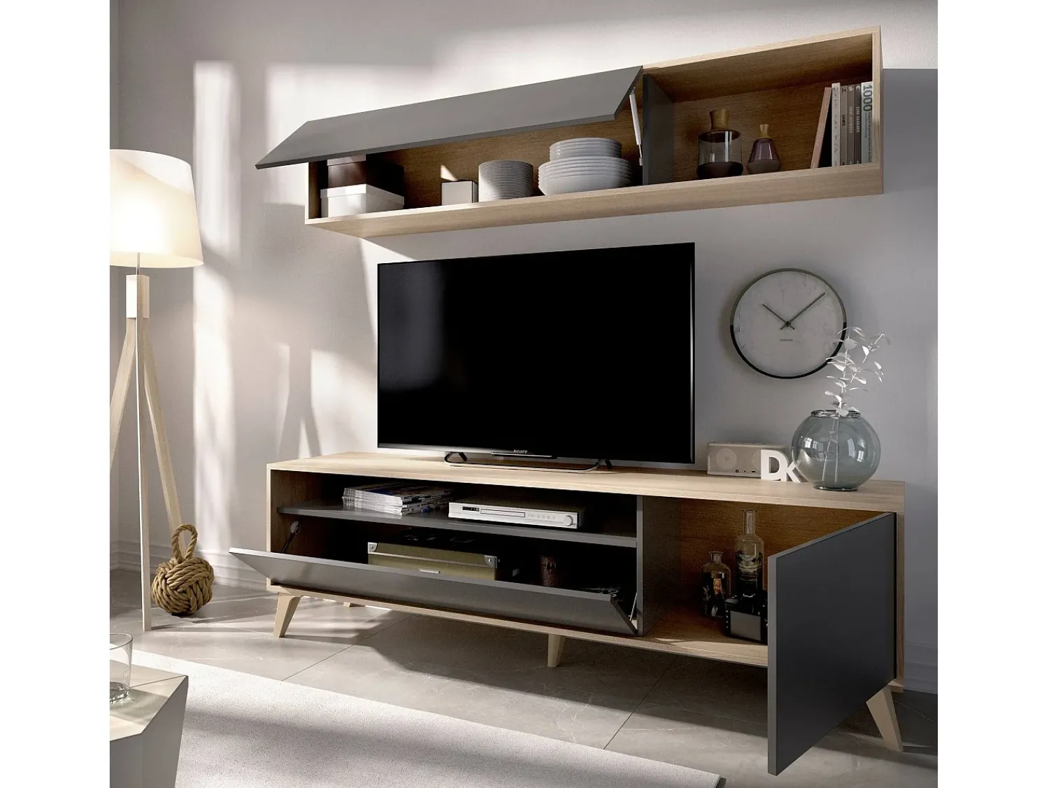 Móvel De Tv|Dmora Móvel de TV Tambo, móvel de sala de TV, móvel de sala multiuso, 180x41h180 cm, antracite e carvalho nó Preto