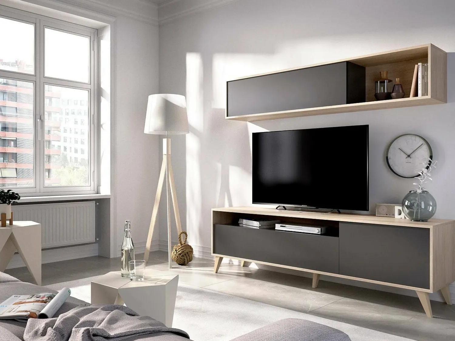 Móvel De Tv|Dmora Móvel de TV Tambo, móvel de sala de TV, móvel de sala multiuso, 180x41h180 cm, antracite e carvalho nó Preto