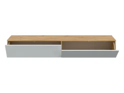 Dmora Móvel de TV Vincennes, móvel de TV de 2 portas, móvel de sala suspenso, 180x35h28 cm, carvalho atado e brilhante Branco