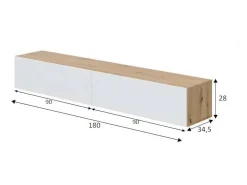 Dmora Móvel de TV Vincennes, móvel de TV de 2 portas, móvel de sala suspenso, 180x35h28 cm, carvalho atado e brilhante Branco