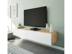 Dmora Móvel de TV Vincennes, móvel de TV de 2 portas, móvel de sala suspenso, 180x35h28 cm, carvalho atado e brilhante Branco