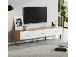 Móvel De Tv| Móvel de TV vintage baixo em madeira - Para sala de estar, madeira clara, acabamento da porta branca, textura vintage. Natural claro