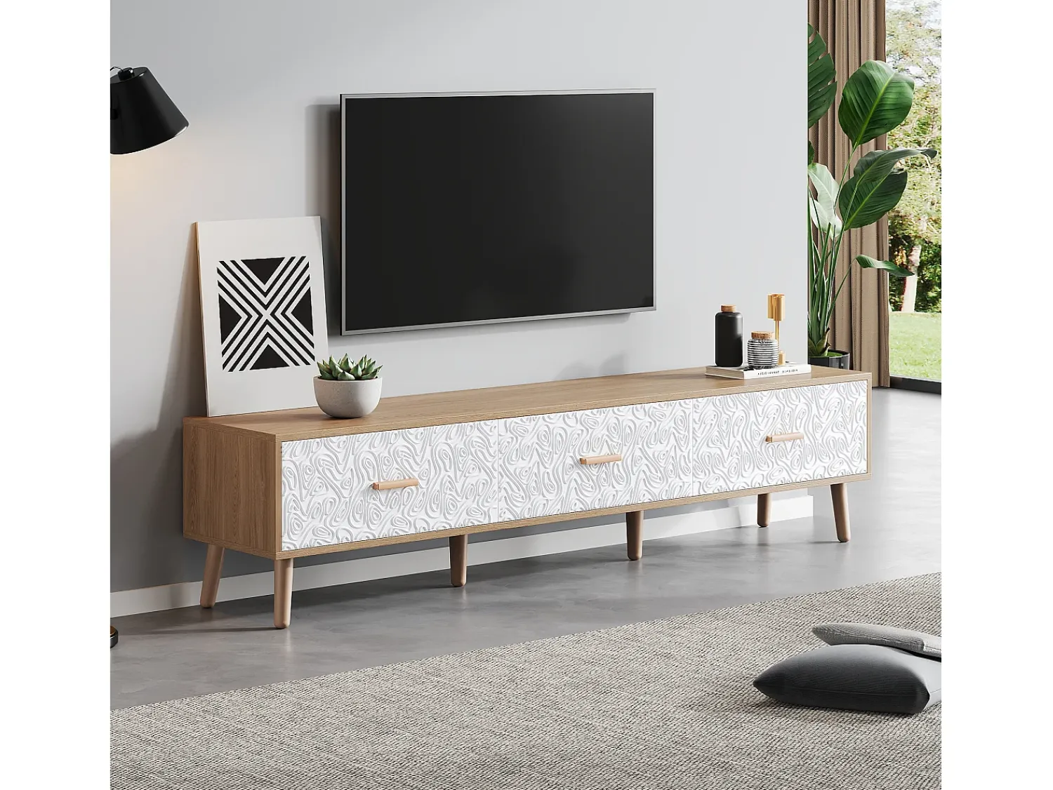 Móvel De Tv| Móvel de TV vintage baixo em madeira - Para sala de estar, madeira clara, acabamento da porta branca, textura vintage. Natural claro
