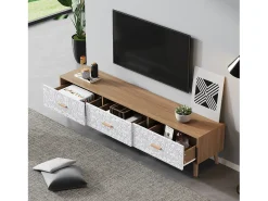 Móvel De Tv| Móvel de TV vintage baixo em madeira - Para sala de estar, madeira clara, acabamento da porta branca, textura vintage. Natural claro
