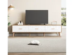 Móvel De Tv| Móvel de TV vintage baixo em madeira - Para sala de estar, madeira clara, acabamento da porta branca, textura vintage. Natural claro