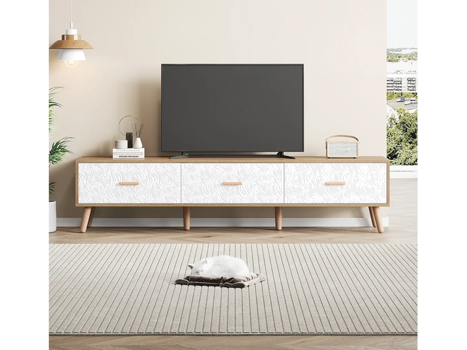 Móvel De Tv| Móvel de TV vintage baixo em madeira - Para sala de estar, madeira clara, acabamento da porta branca, textura vintage. Natural claro