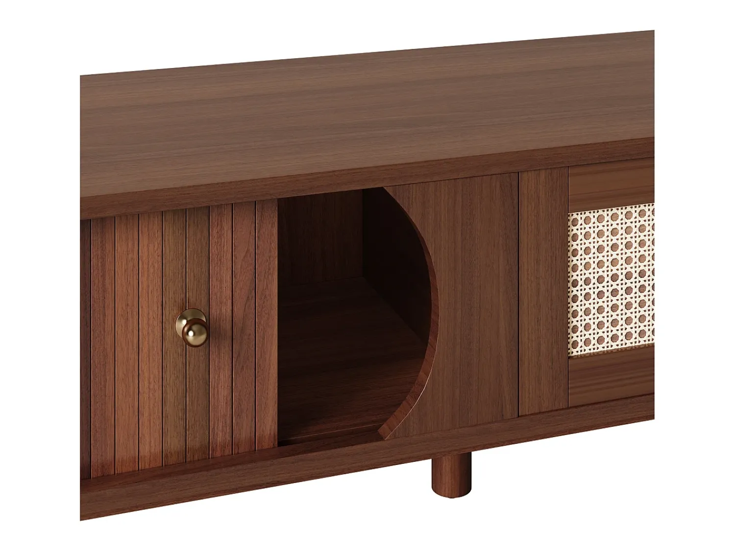 Móvel de TV vintage em nogueira com 2 portas de madeira natural e 1 gaveta de vime, 170 x 39,5 x 38 cm^ Móvel De Tv