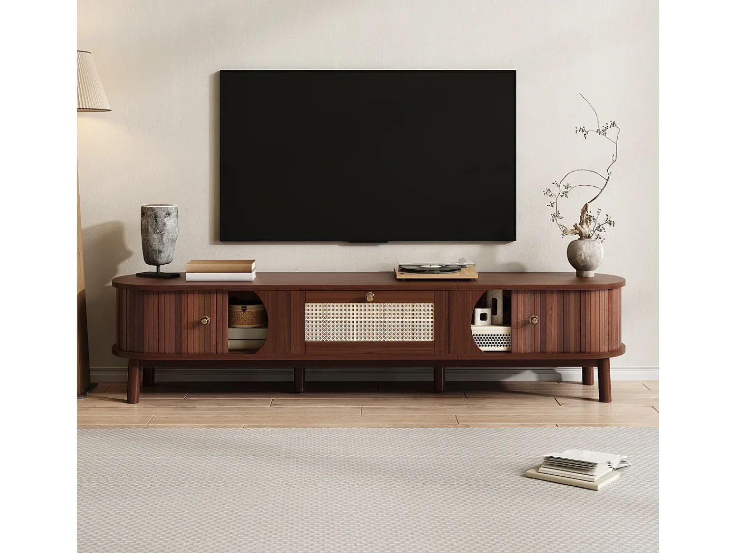 Móvel de TV vintage em nogueira com 2 portas de madeira natural e 1 gaveta de vime, 170 x 39,5 x 38 cm^ Móvel De Tv