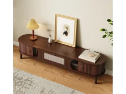Móvel de TV vintage em nogueira com 2 portas de madeira natural e 1 gaveta de vime, 170 x 39,5 x 38 cm^ Móvel De Tv
