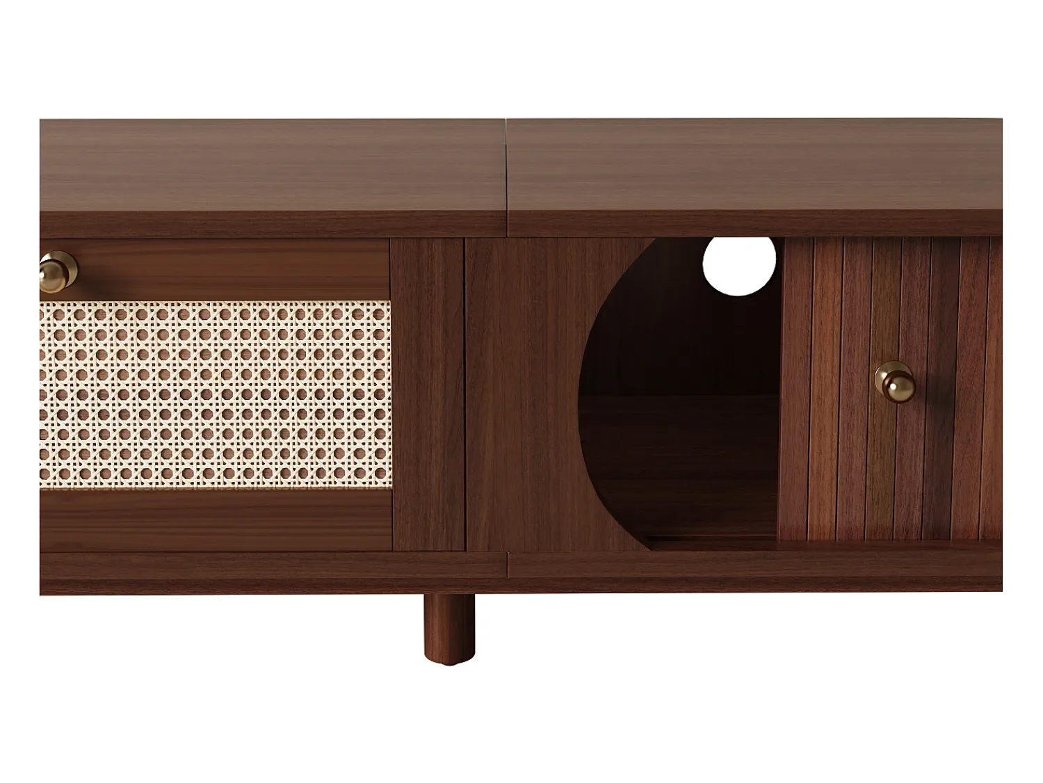 Móvel De Tv* Móvel de TV vintage em nogueira com 2 portas de madeira natural e 1 gaveta de rattan, 170 x 39,5 x 38 cm Natural escuro