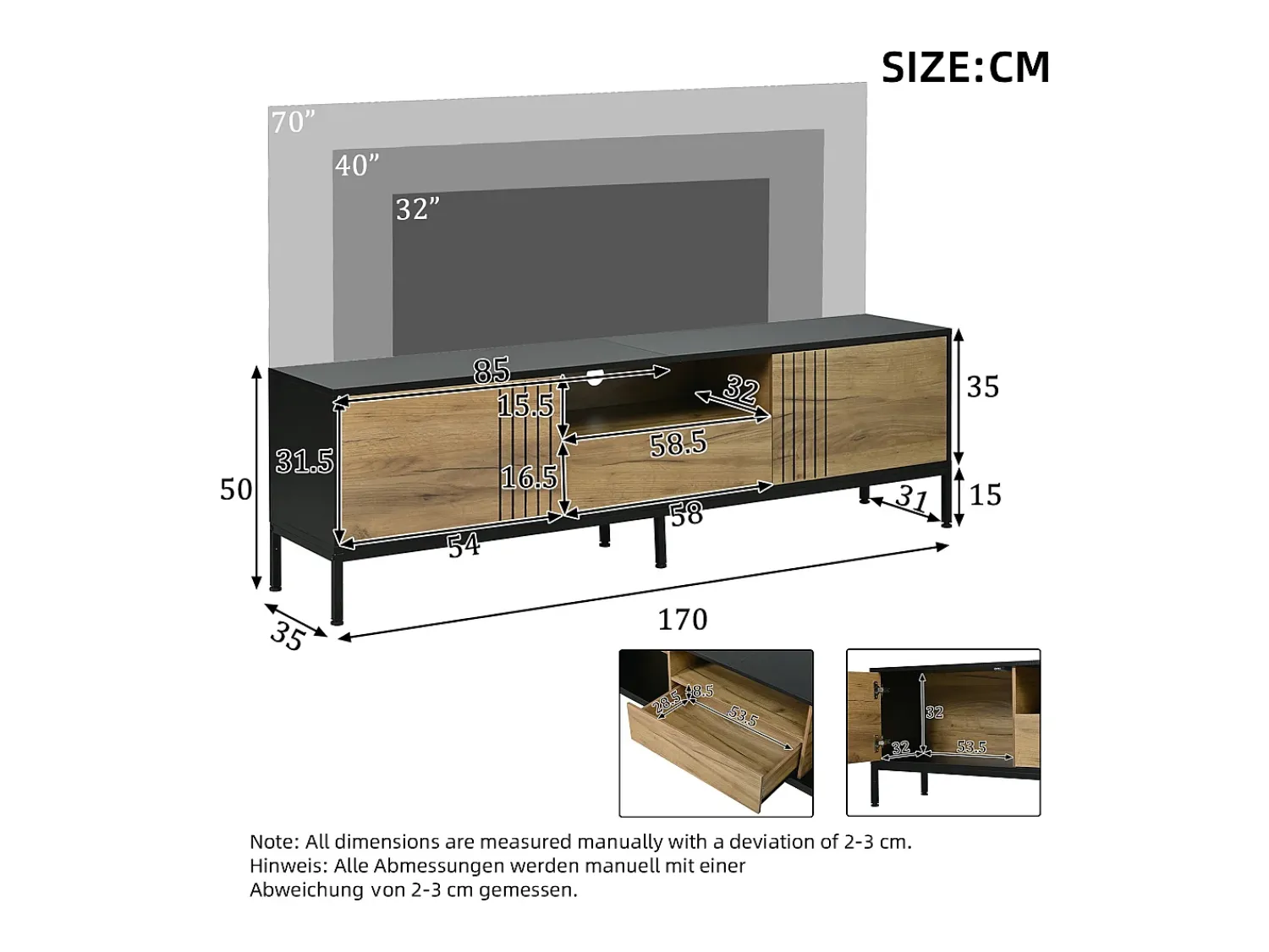 ModernLuxe Móvel de TV 170x35x50 cm - 2 portas e 1 gaveta - TV até 70 polegadas - Painéis de partículas - Natural e preto^ Móvel De Tv