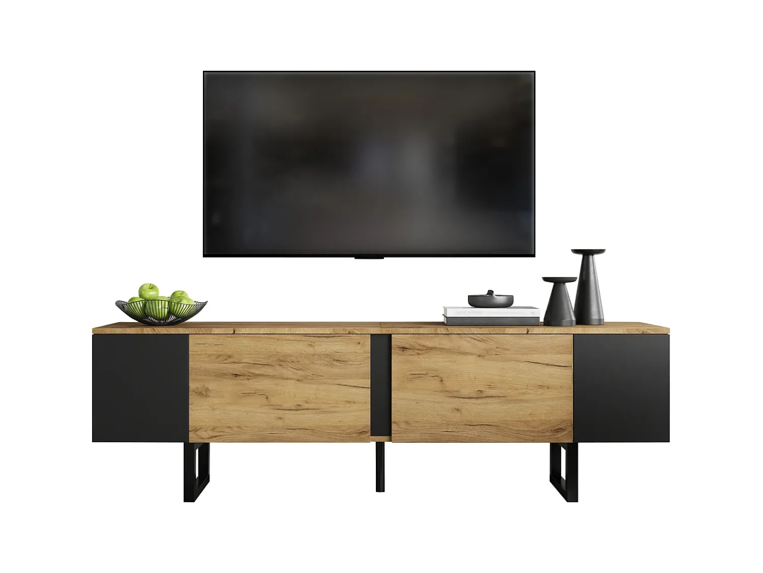 Móvel De Tv|ModernLuxe Móvel de TV 180x40x55 cm - 2 portas e prateleiras abertas - TV até 75 polegadas - Painéis de partículas - Natural e preto Natural claro