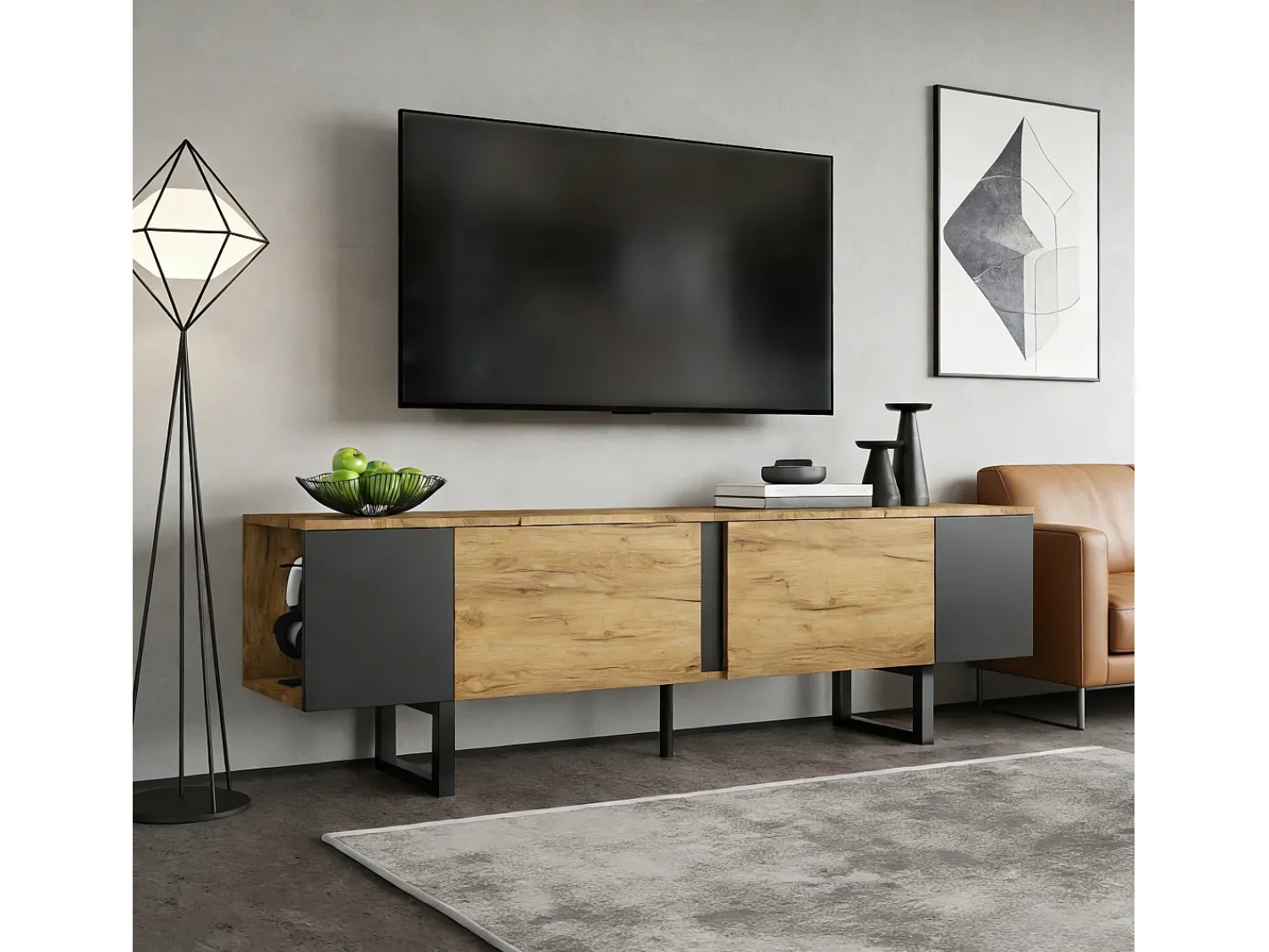 Móvel De Tv|ModernLuxe Móvel de TV 180x40x55 cm - 2 portas e prateleiras abertas - TV até 75 polegadas - Painéis de partículas - Natural e preto Natural claro