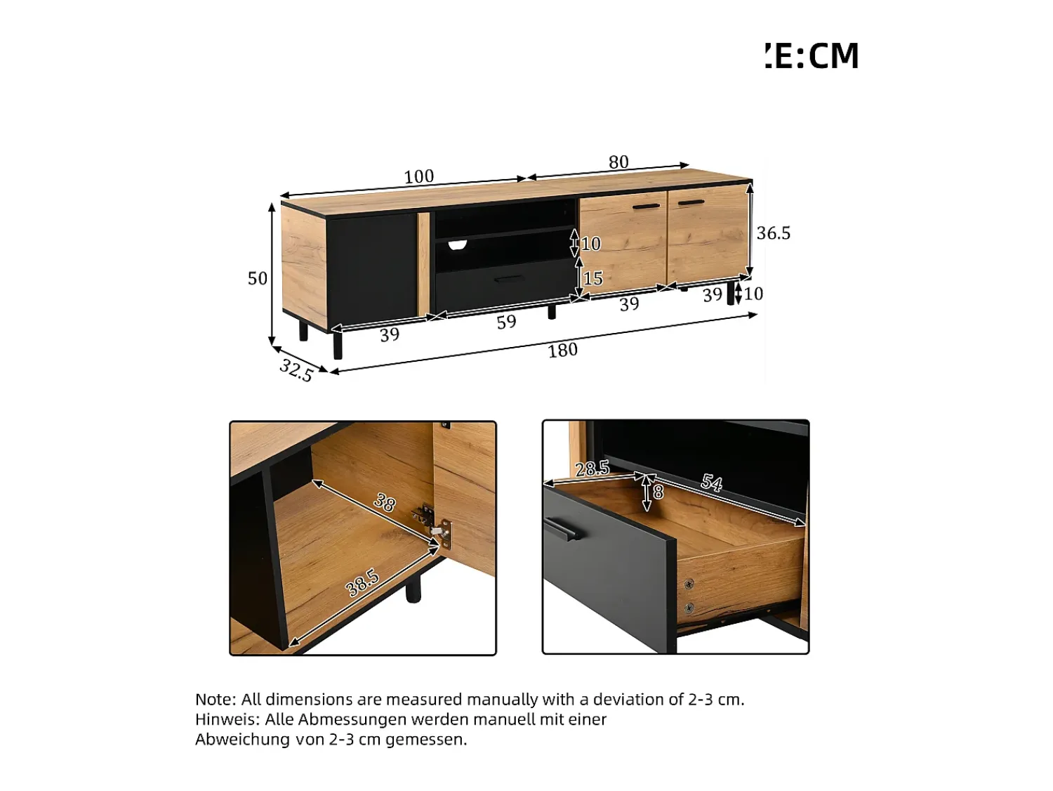 ModernLuxe Móvel de TV 180x32.5x50 cm - 3 portas e 1 gaveta - Armazenamento semifechado - Painéis de partículas - Preto e natural^ Móvel De Tv