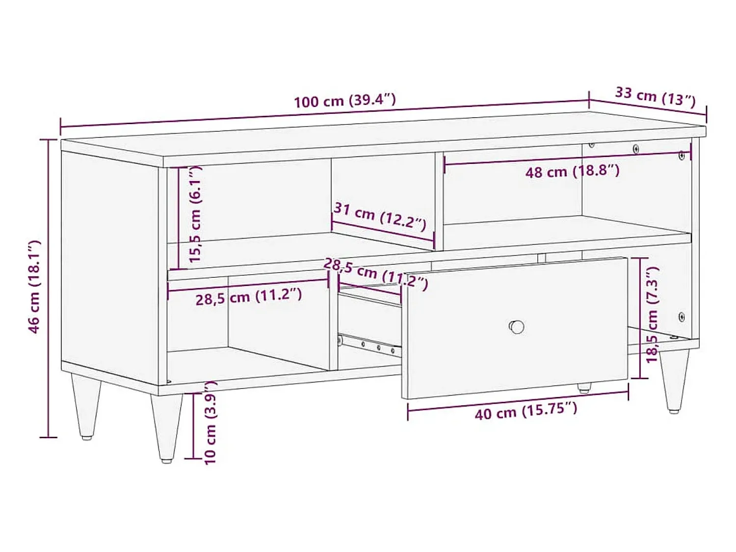 vidaxl Móvel de TV 100x33x46 cm madeira de mangueira maciça preto^ Móvel De Tv