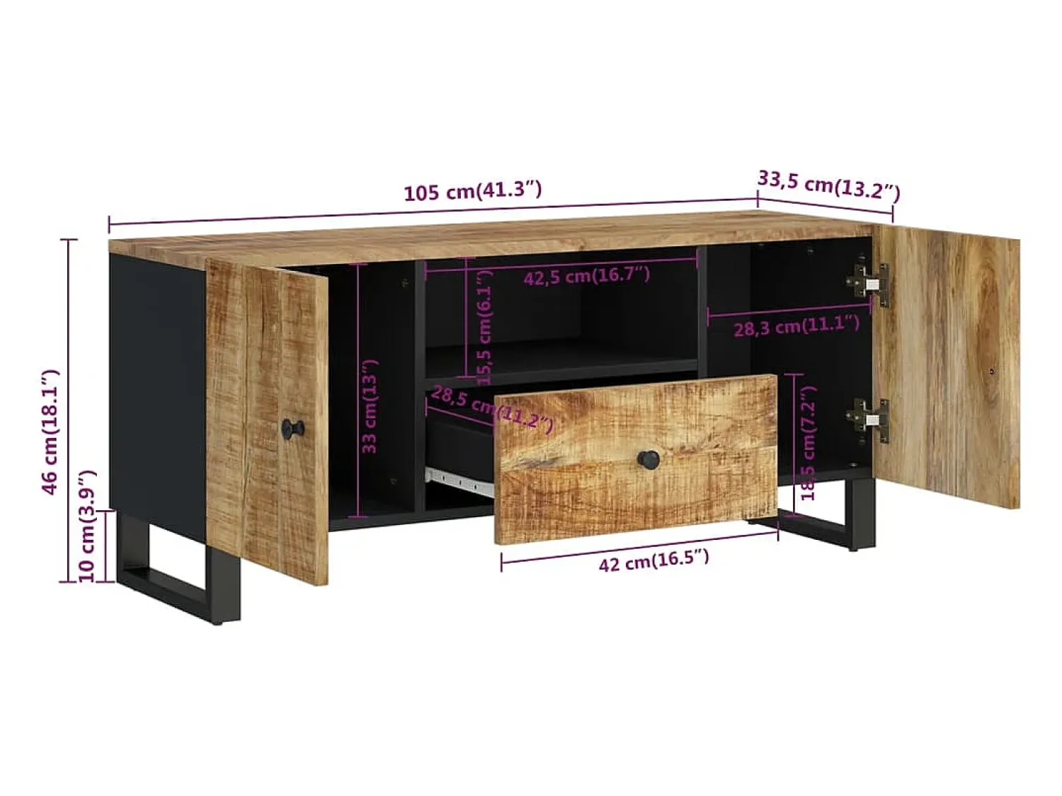 Best vidaxl Móvel de TV 105x33,5x46 cm mangueira maciça/derivados madeira Castanho