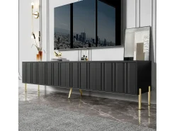 Móvel De Tv| Móvel de TV 190x38x48cm - Móvel com 4 Portas, Pés de Mesa Dourados, Design de Porta Ranhurada, Preto