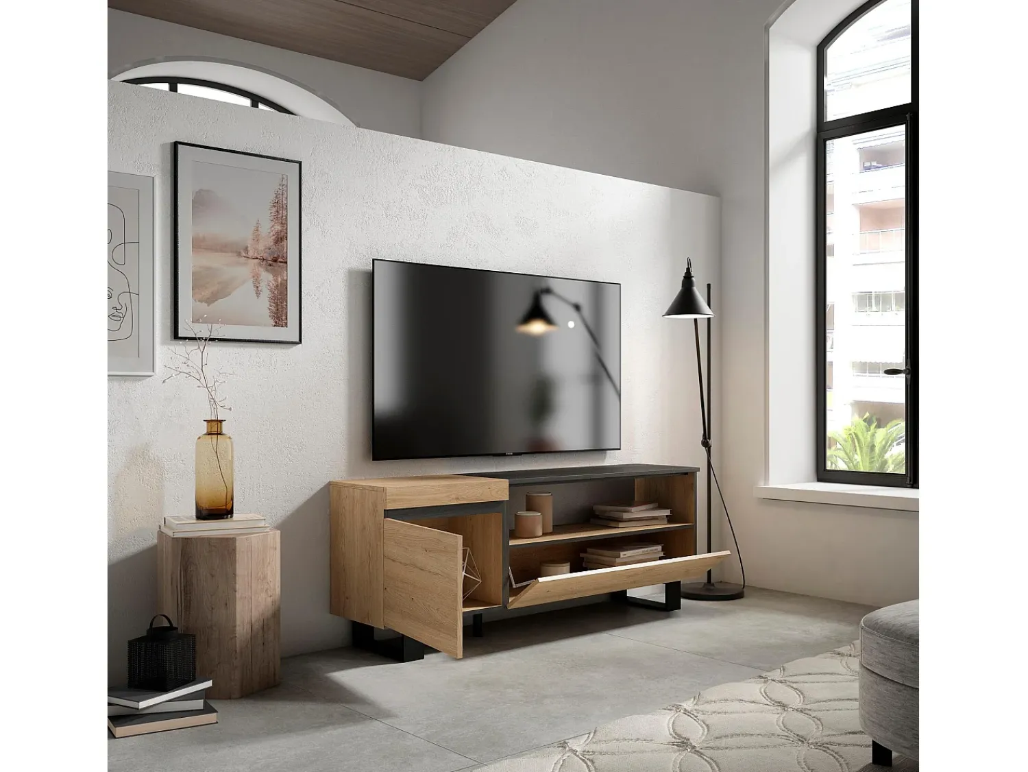 Móvel De Tv|Skraut Home Móvel de TV, 150x35x57cm, Para televisores até 65", Design industrial, Carvahlo e preto Natural claro
