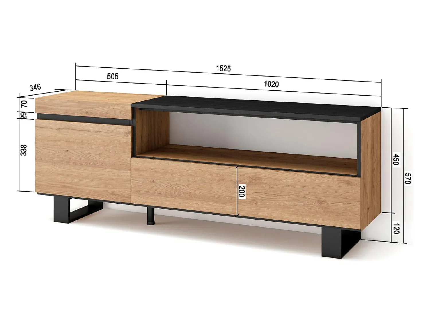 Móvel De Tv|Skraut Home Móvel de TV, 150x35x57cm, Para televisores até 65", Design industrial, Carvahlo e preto Natural claro