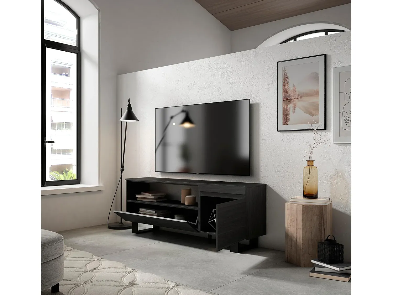 Móvel De Tv*Skraut Home Móvel de TV, 150x35x57cm, Para televisores até 65", Design industrial, Preto