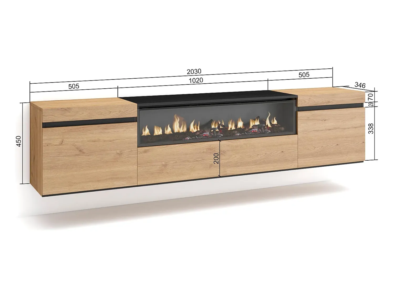Móvel De Tv|Skraut Home Móvel de TV, 200x35x45cm, Para televisores até 80", Lareira eléctrica, Suspensos, Carvahlo e preto Natural claro