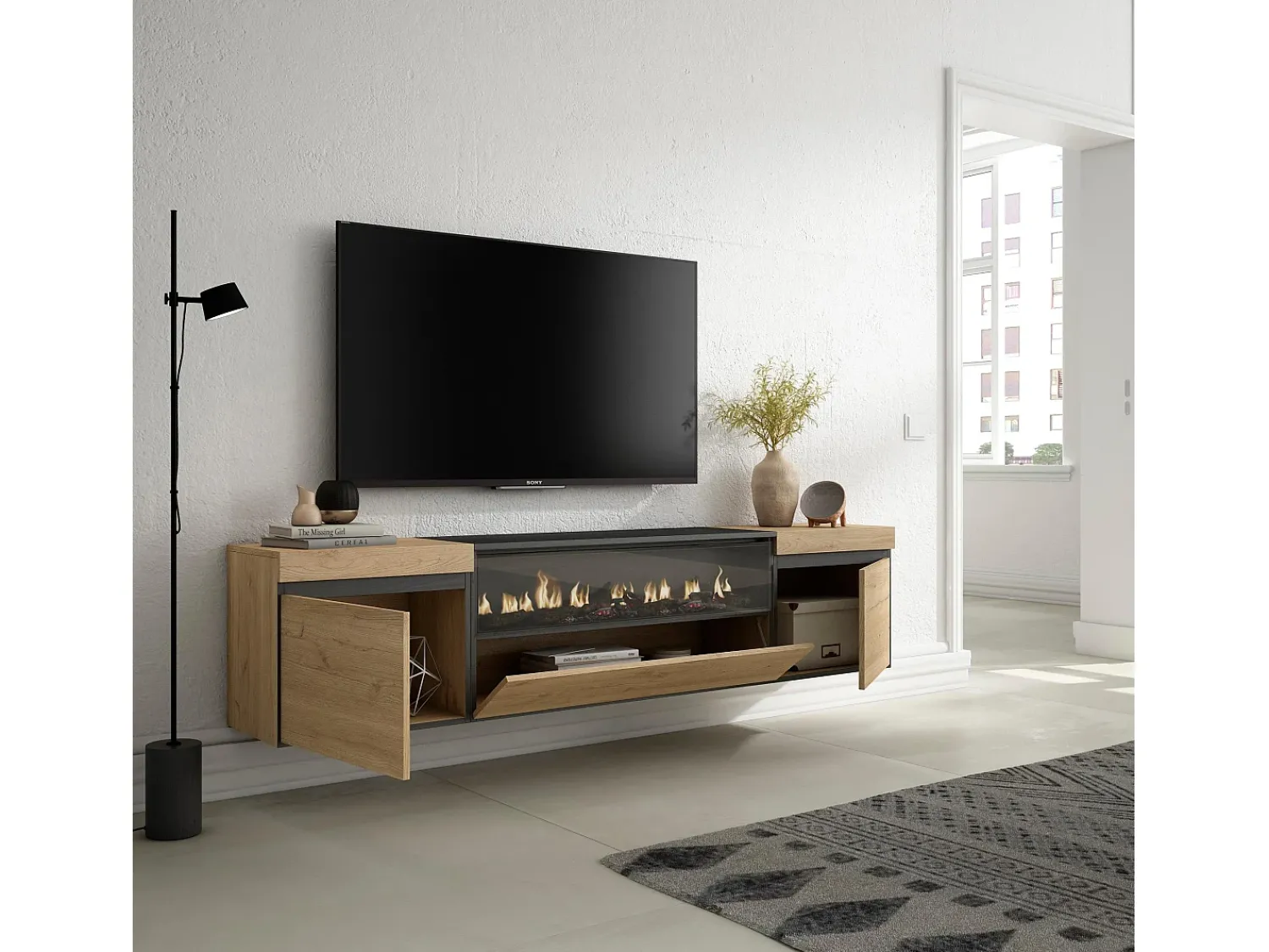 Móvel De Tv|Skraut Home Móvel de TV, 200x35x45cm, Para televisores até 80", Lareira eléctrica, Suspensos, Carvahlo e preto Natural claro