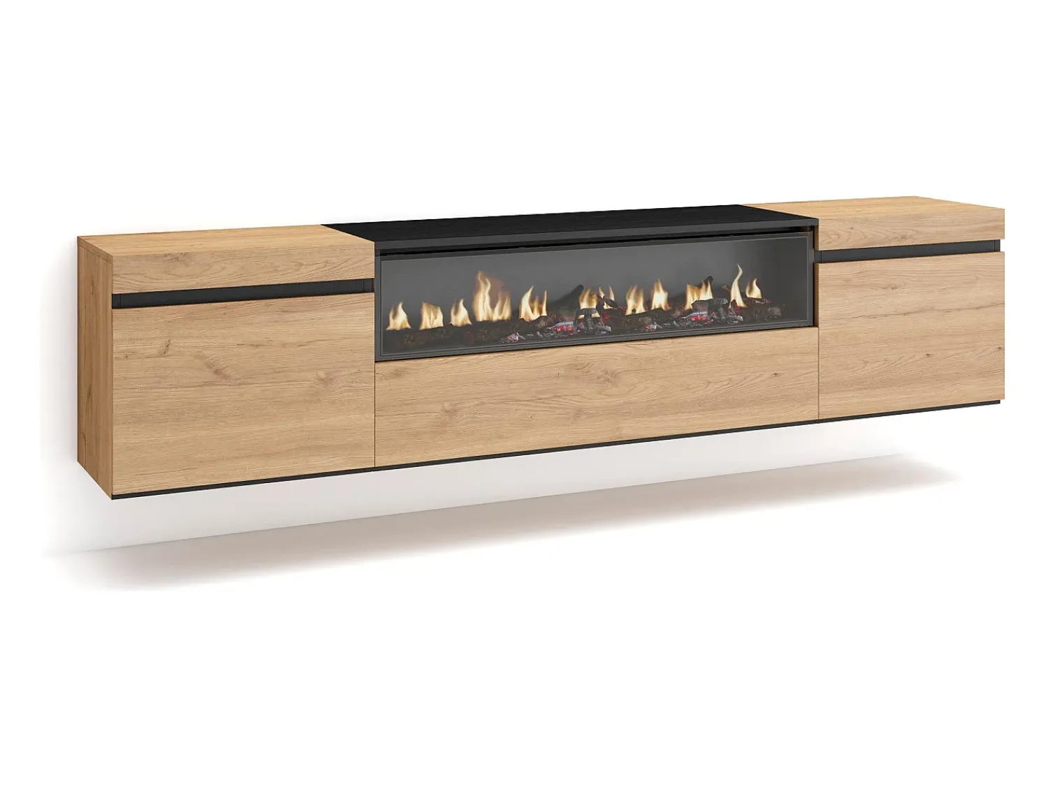 Móvel De Tv|Skraut Home Móvel de TV, 200x35x45cm, Para televisores até 80", Lareira eléctrica, Suspensos, Carvahlo e preto Natural claro
