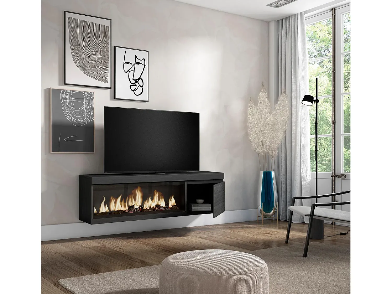 Clearance Skraut Home Móvel de TV, 158x35x45cm, Para televisores até 65", Lareira eléctrica XXL, Suspensos, Preto